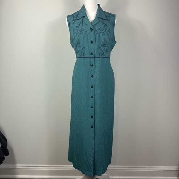 Melissa Harper Teal Navy Houndstooth Button Front Sleeveless Midi Dress Women’s - Picture 5 of 6